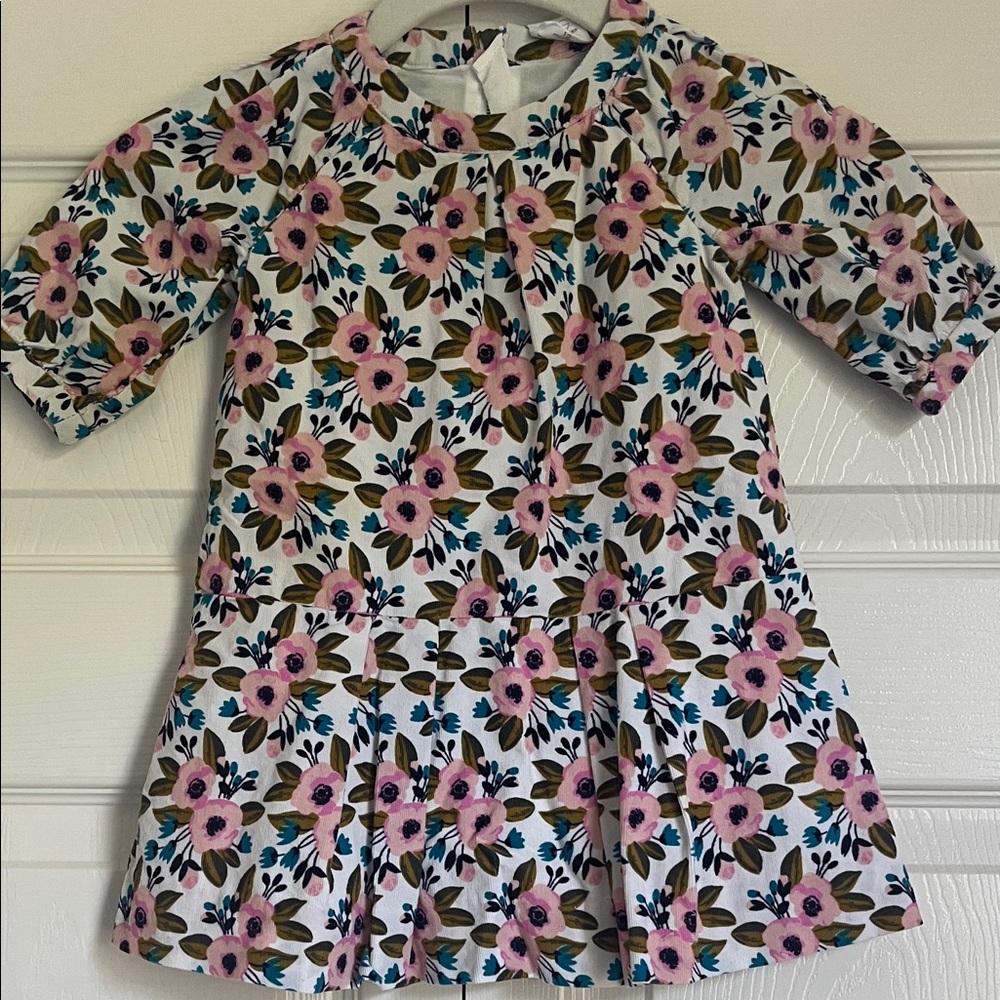 Girls Floral Dress - Pink & Teal Flowers on White